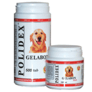 Полидекс Гелабон плюс (Polidex Gelabon Plus), банка 500 таб.- 1таб./5 кг. Эффективно профилактирует заболевания хрящевых поверхностей, укрепляет связки и суставы, особенно необходим щенкам в период рос